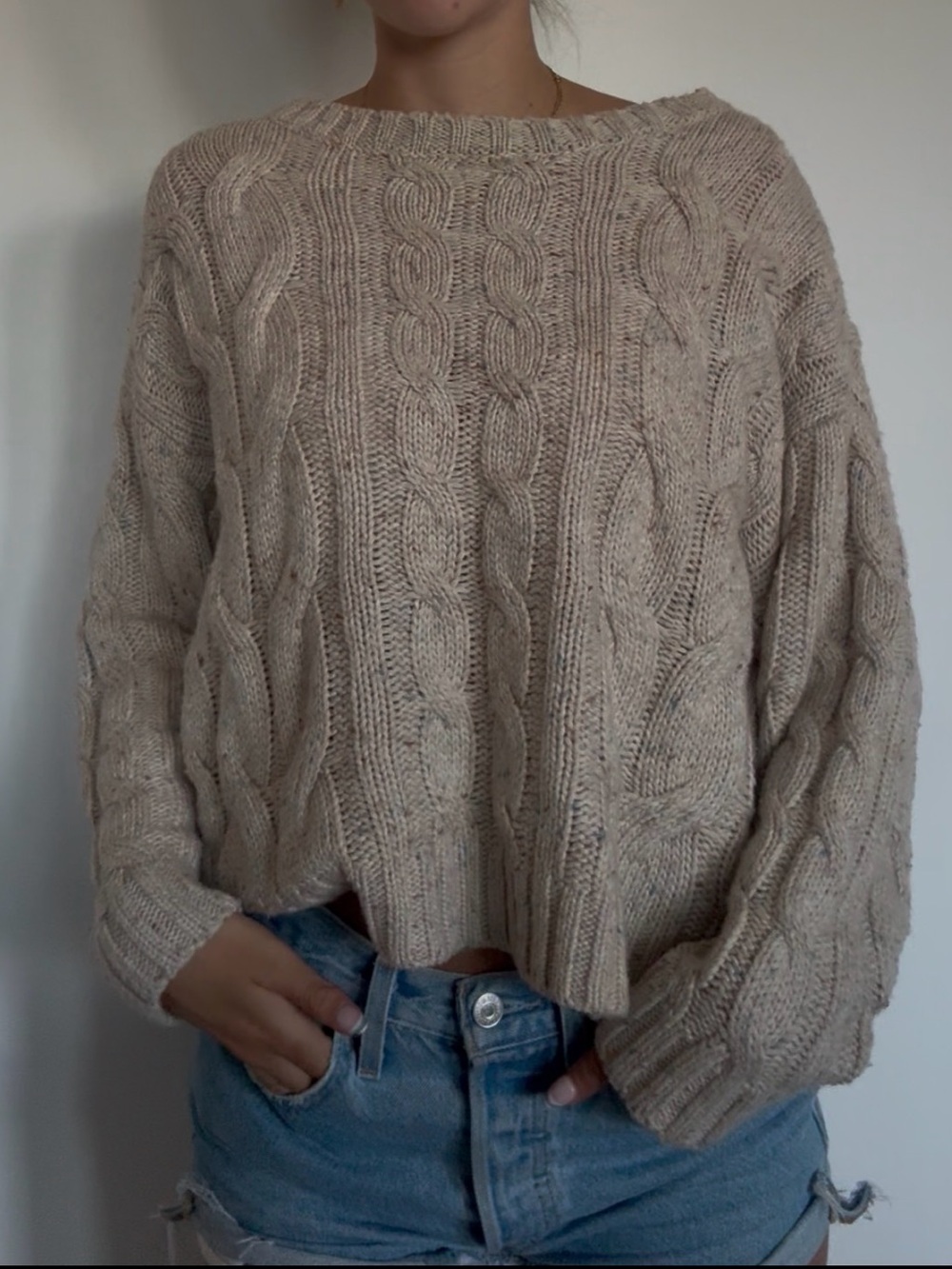 Dress Forum Beige Cable Knit Crewneck Sweater